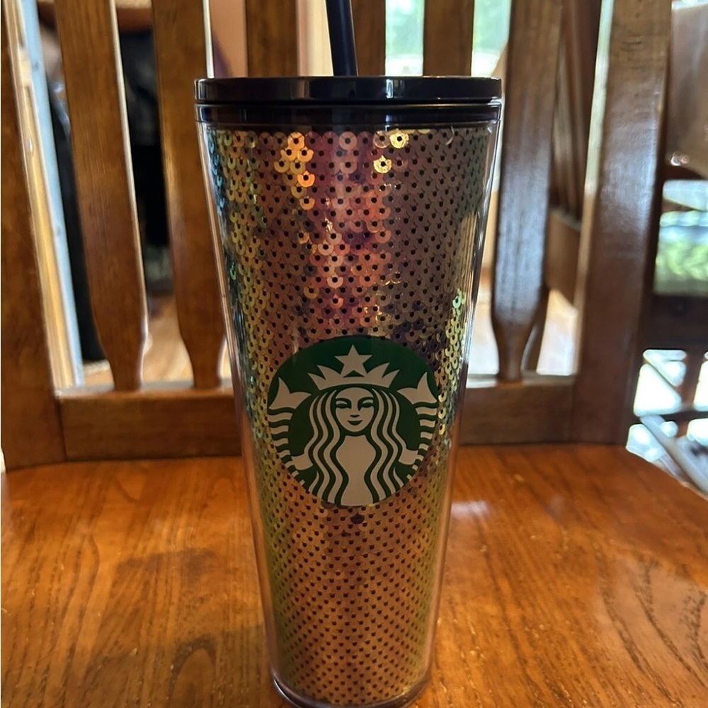 Starbucks Silver Iridescent Sequin Tumbler with Black Straw NWT!